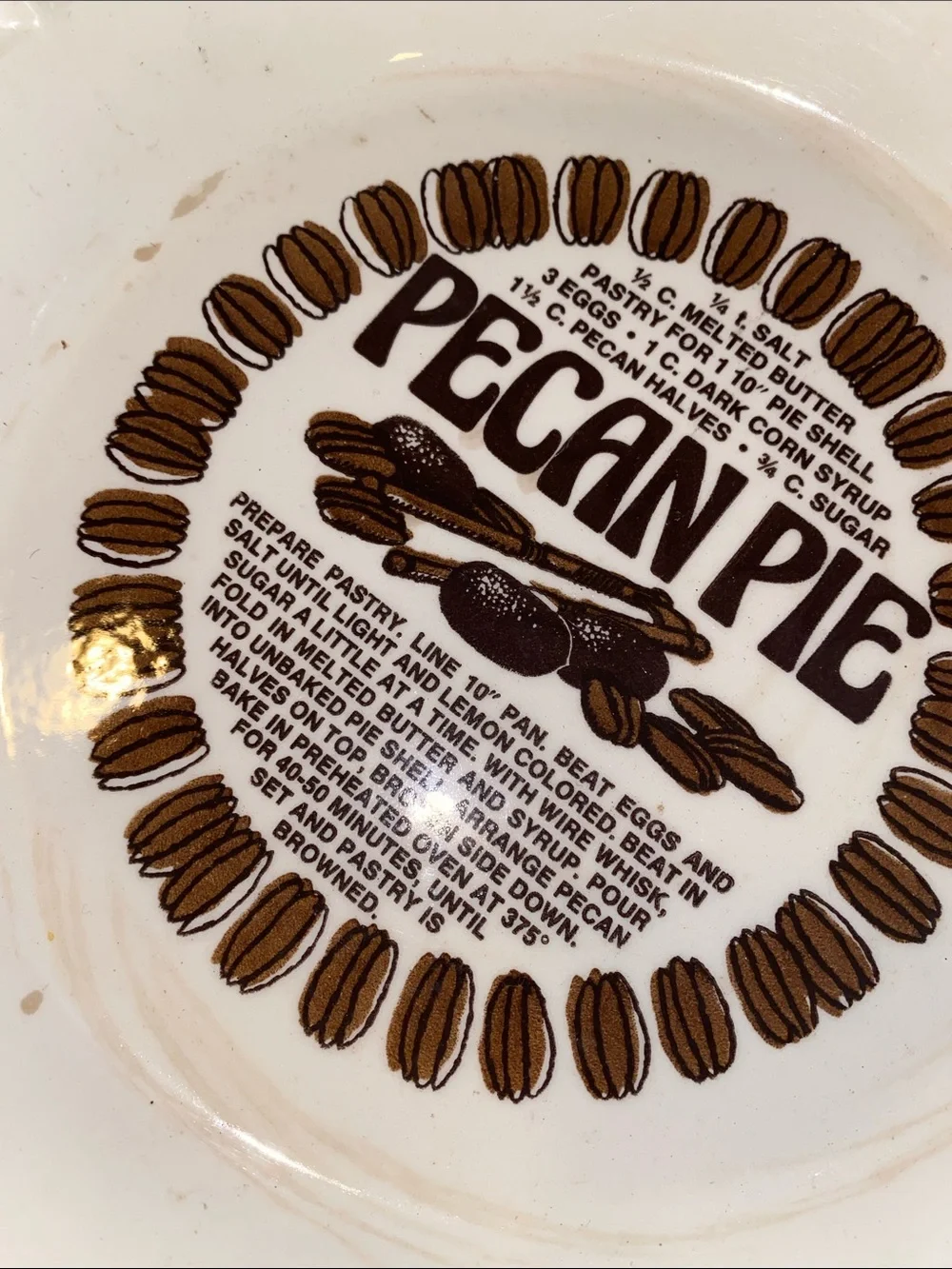 Vintage Pecan Pie Ceramic Pie Plate - White with Brown Graphics